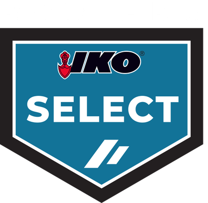 A blue and black iko select logo on a white background