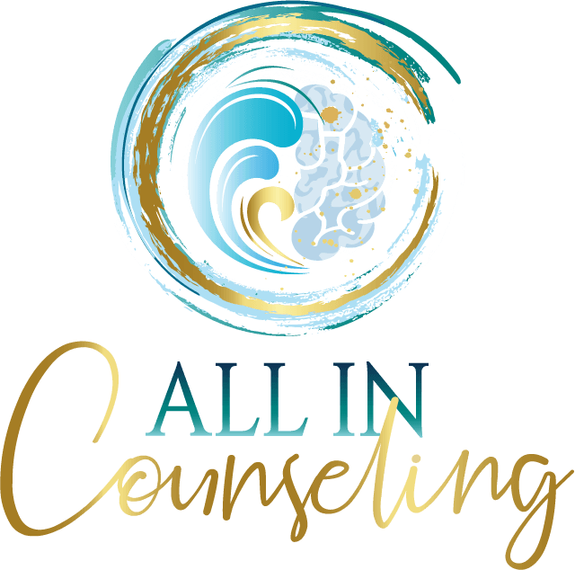 All in Counseling color logo transparent brain surrounded by an ocean wave with the words all in counseling.