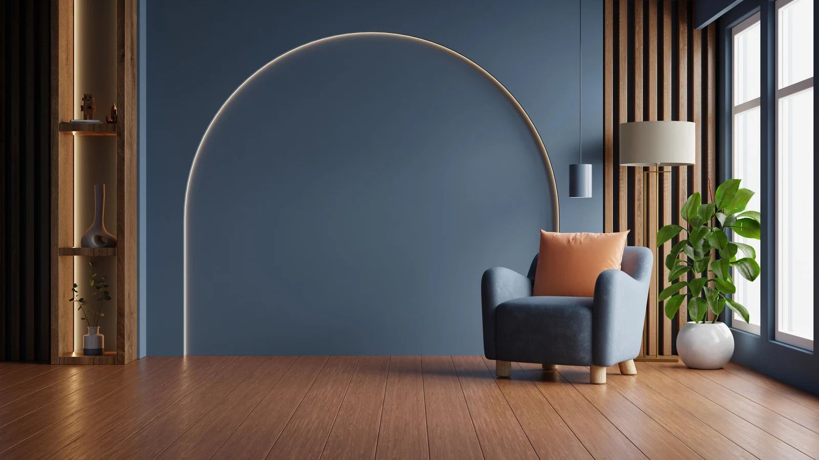 Modern living room with blue accent wall, arched decor, blue chair, plants, and wooden floor.