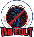 Circular pest-control logo with a red slash over a blue insect and the word “WIPEOUT” below.