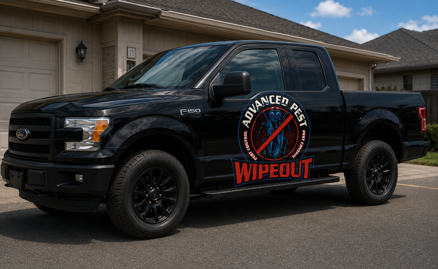 Black pickup truck with large “ADANCED WIPED OUT” logo parked in a driveway outside a house