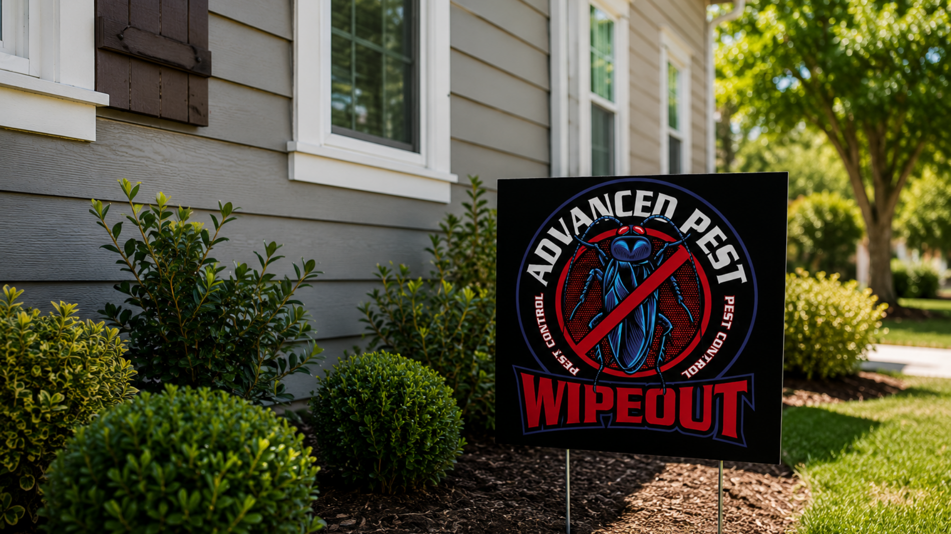 Advanced Pest Wipeout yard sign beside gray house and shrubs