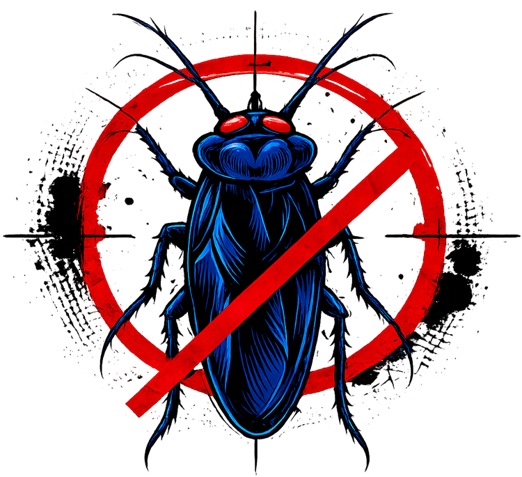 Blue cockroach crossed out by a red prohibition symbol on a white background
