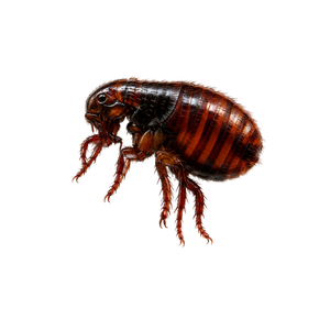 Close-up of a reddish-brown flea on a white background