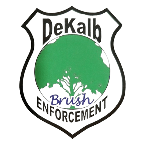 DeKalb Brush Enforcement logo: white shield with black outline, green tree, blue text on white.