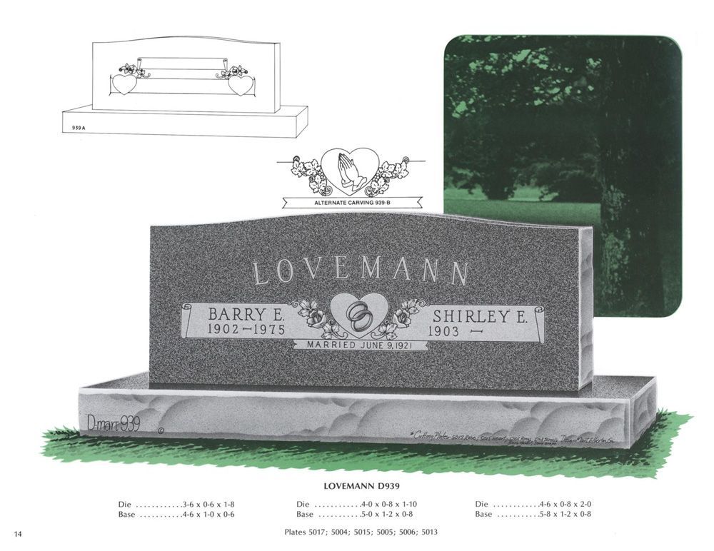 An example of a grey granite double upright monument headstone. A heart with wedding rings are carved in the center. Above it is a possible carving variation of praying hands. Various numbers are below, but are for the companies reference use only.