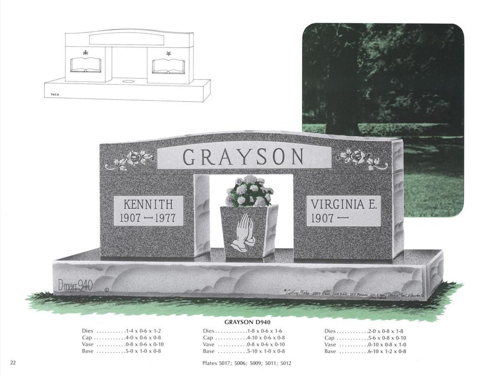 An example of a grey granite double upright monument headstone with a flower vase built into the center. Various numbers are below, but are for the companies reference use only.