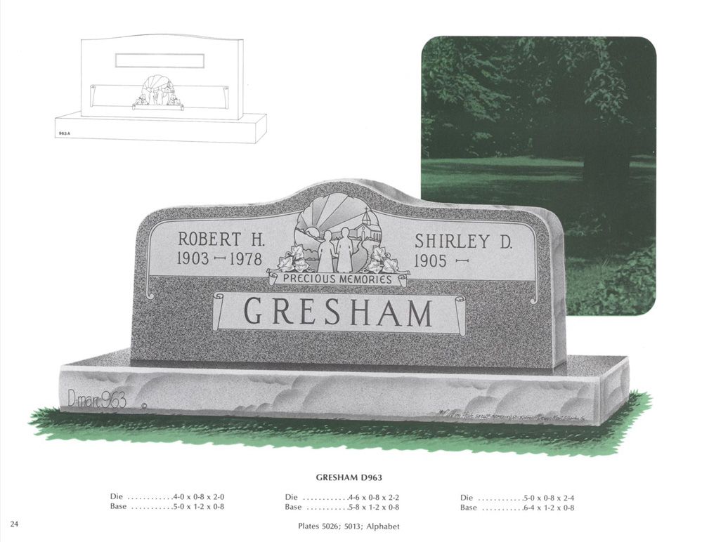 An example of a grey granite double upright monument headstone. An image of a couple walking into a sunset is carved above the name. Various numbers are below, but are for the companies reference use only.