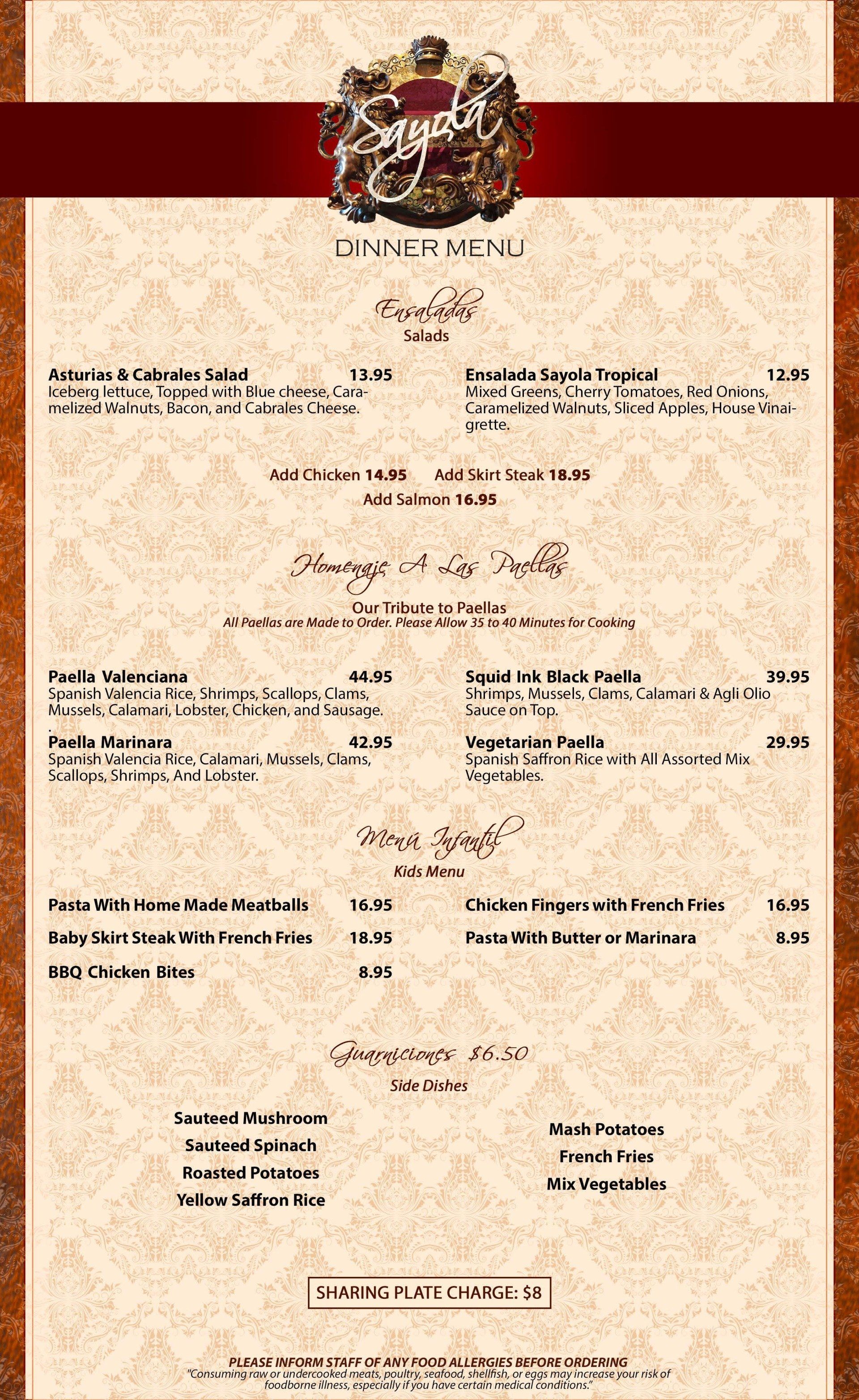 Dinner Menu Sayola Retaurant New Jersey