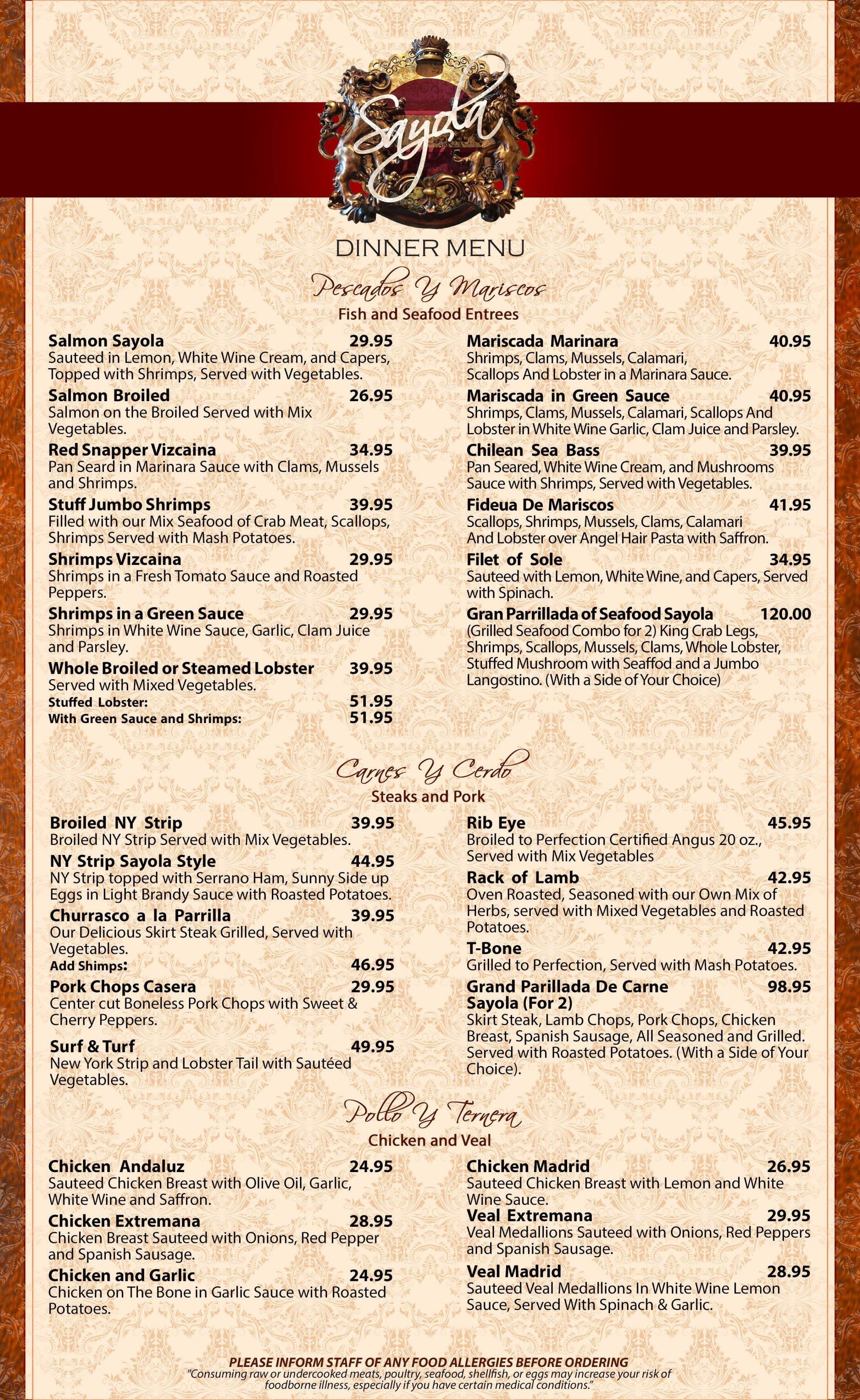 Dinner Menu Sayola Retaurant New Jersey