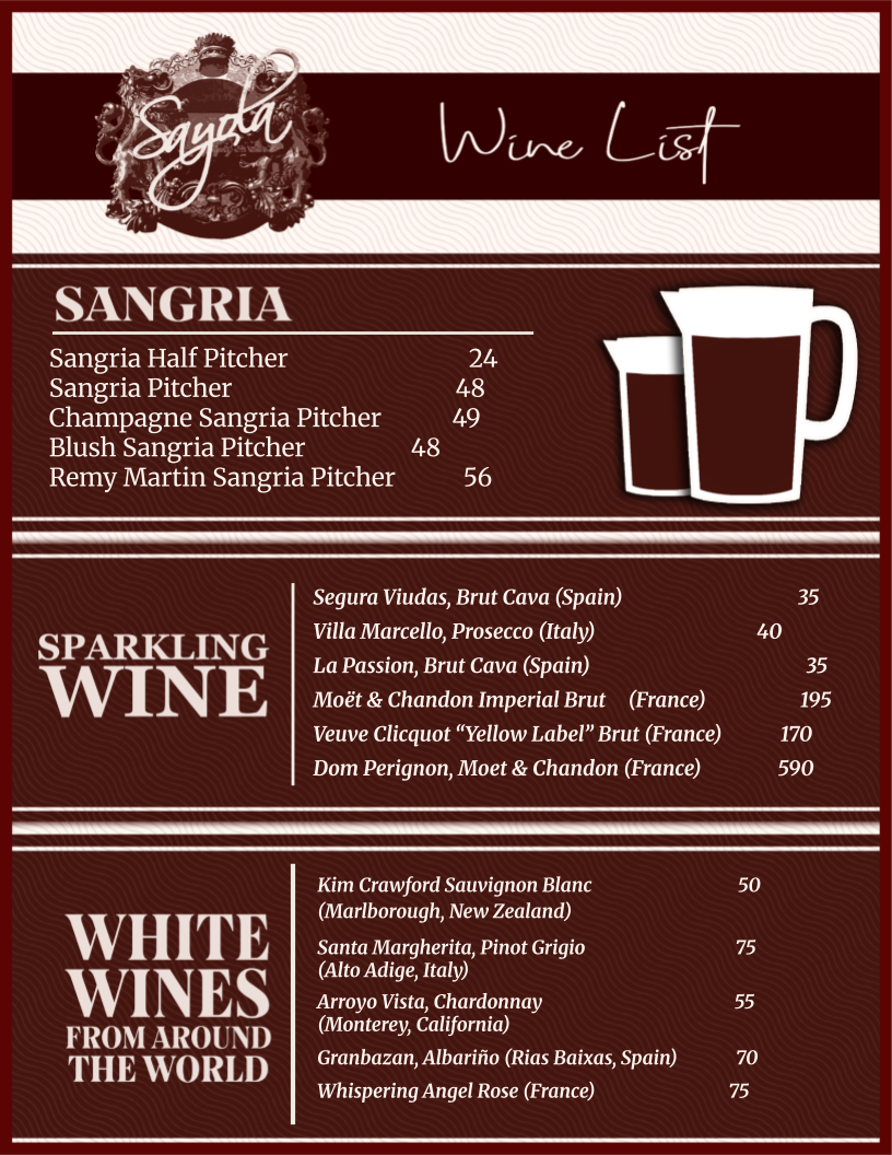 Wine List | Sayola Retaurant | New Jersey