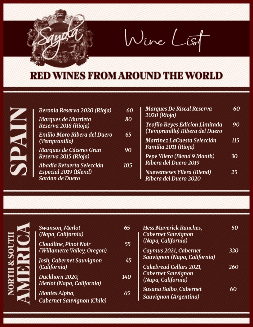 Wine List | Sayola Retaurant | New Jersey
