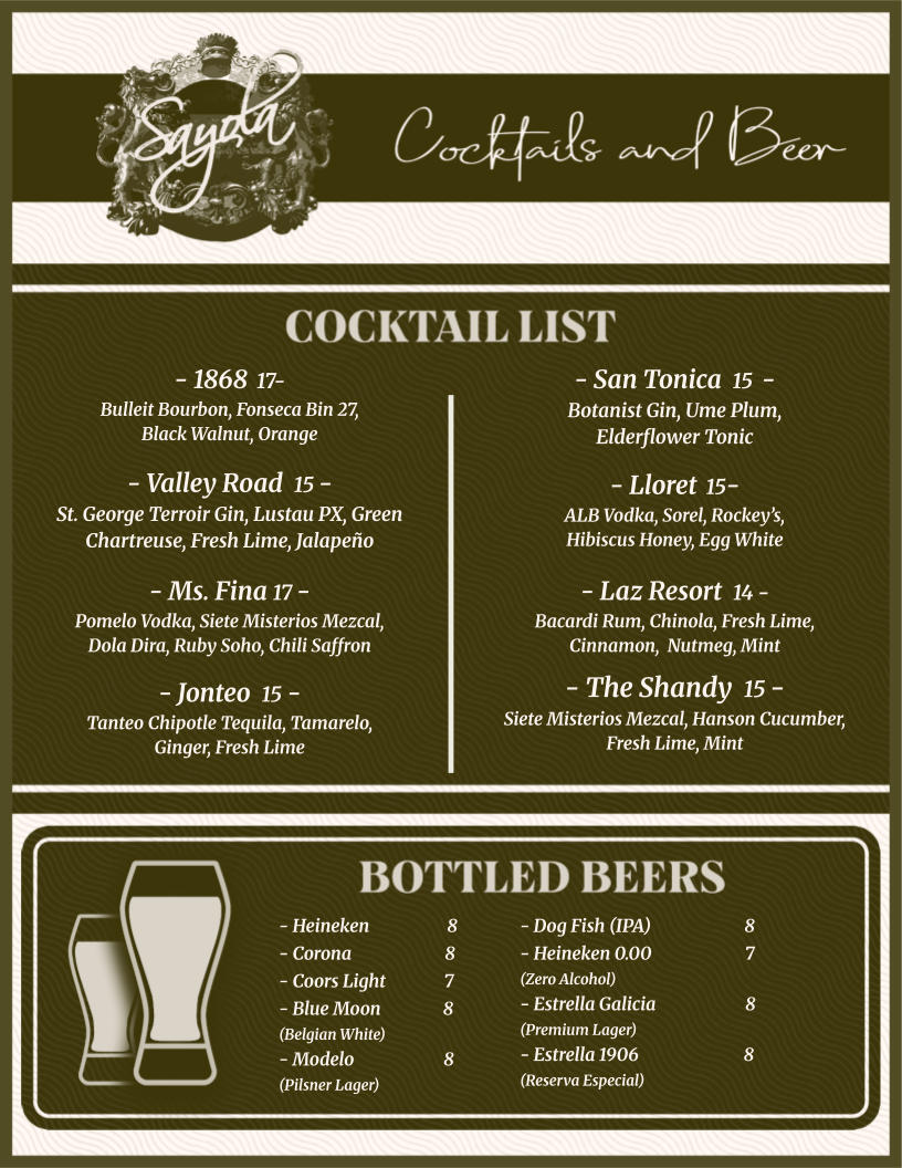 Cocktail List | Sayola Retaurant | New Jersey