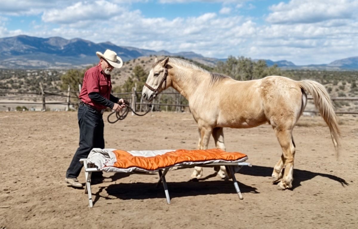 Man in cowboy hat with horse and stretcher in an outdoor setting. The horse stands calmly next to the stretcher.