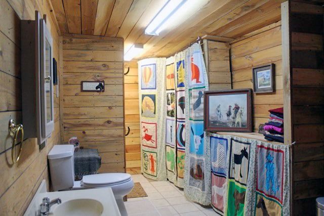Rustic bathroom with wood-paneled walls and a colorful curtain displaying animal drawings.