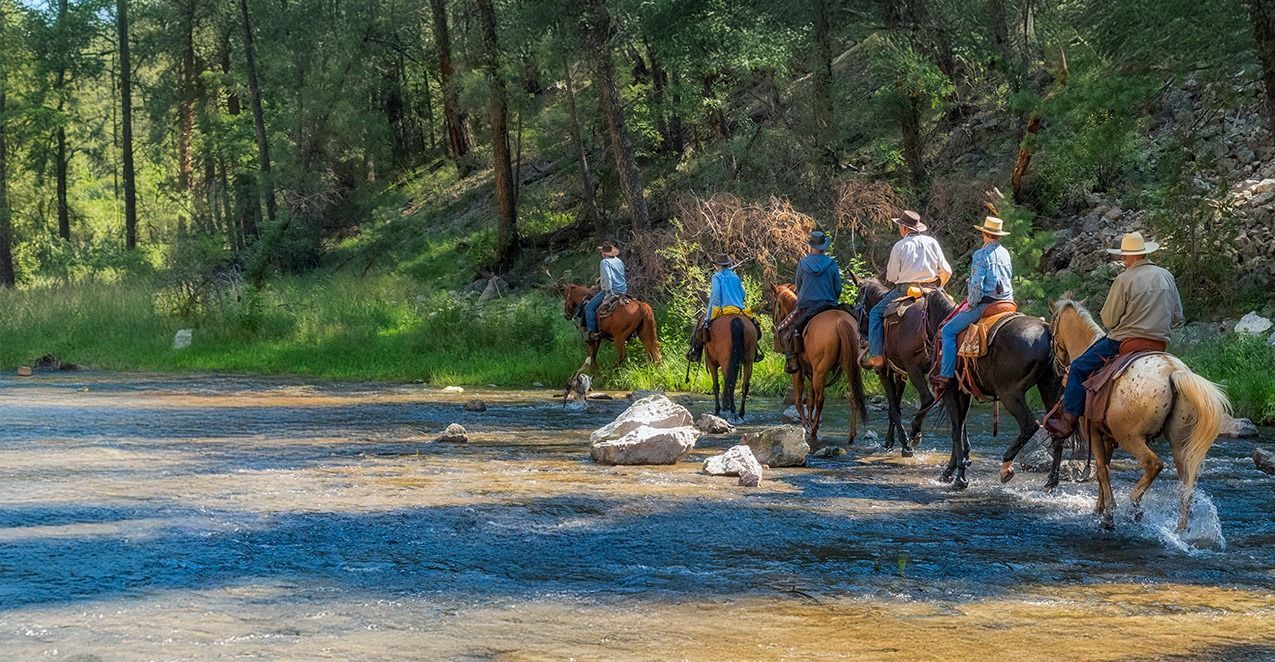 People on horseback ride through a shallow, rocky stream near a forest.