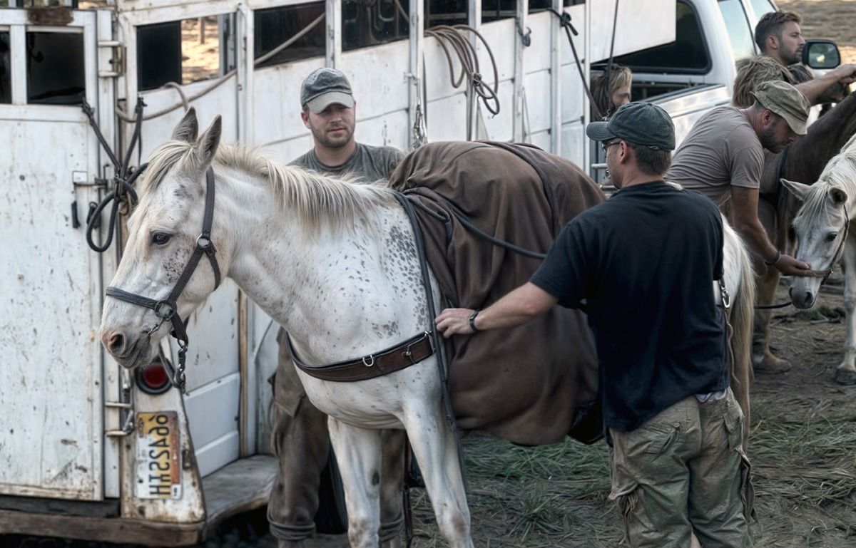 Men loading pack horse with supplies near truck. Outdoors.