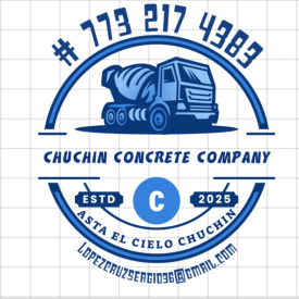 Logo for Chuchin Concrete Company with blue concrete truck, phone number, and email address.