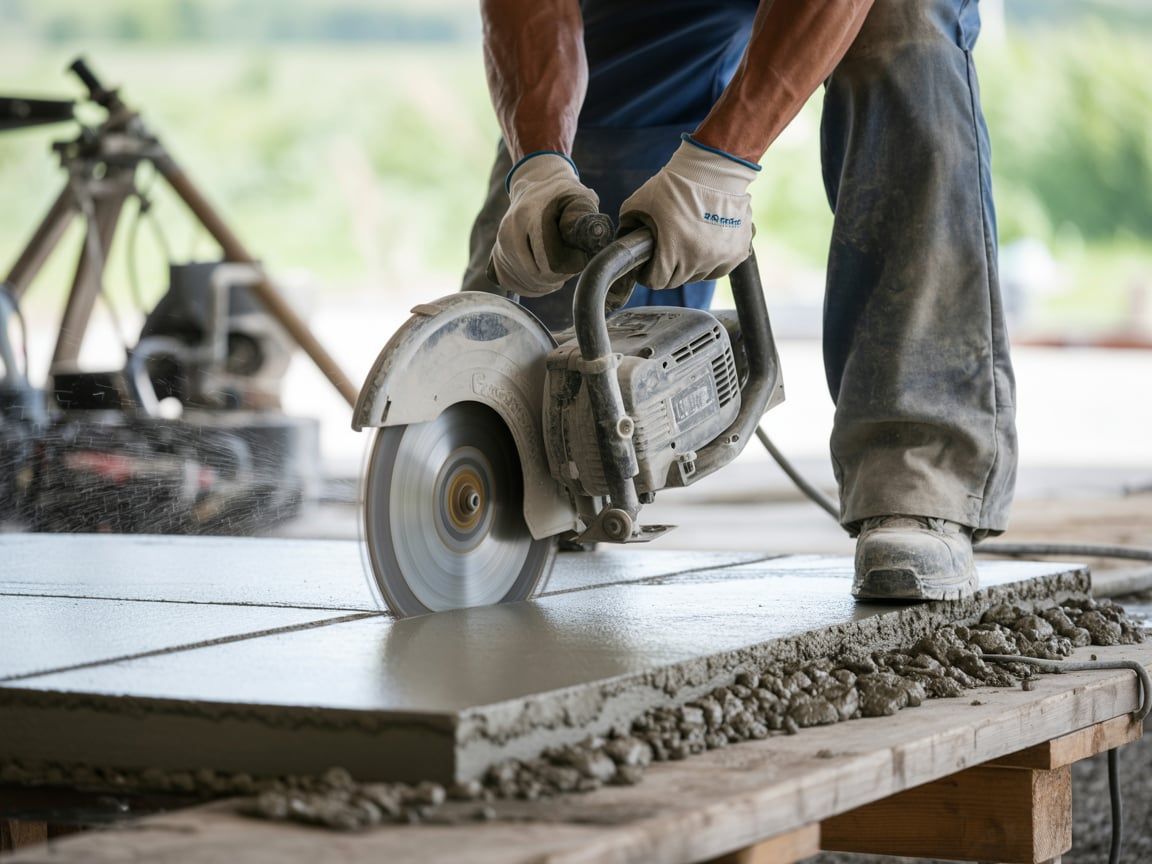 Man in gloves uses a concrete saw to cut a concrete slab on a wooden table.