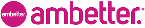 A pink and white logo for ambetter on a white background