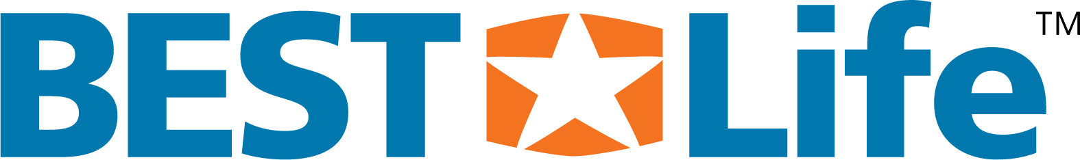 A blue and orange logo for best life