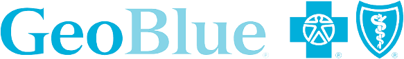 A logo for geoblue with a blue cross and shield