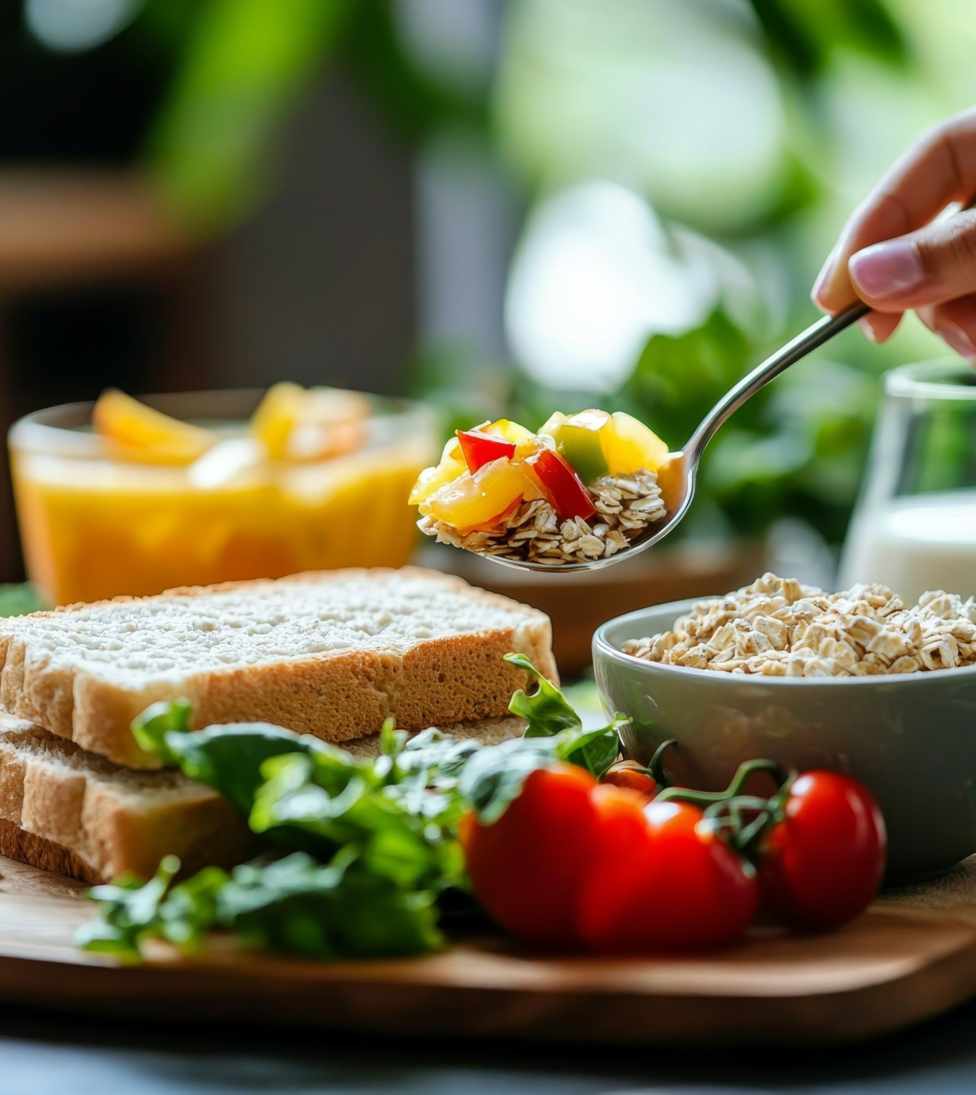 A person is holding a spoon full of food on a table.