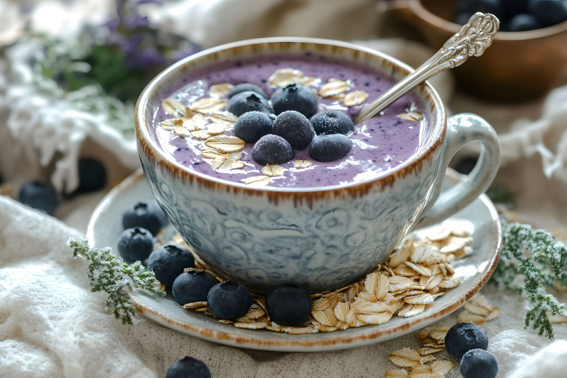 A cup of blueberry smoothie with oats and blueberries on a saucer.