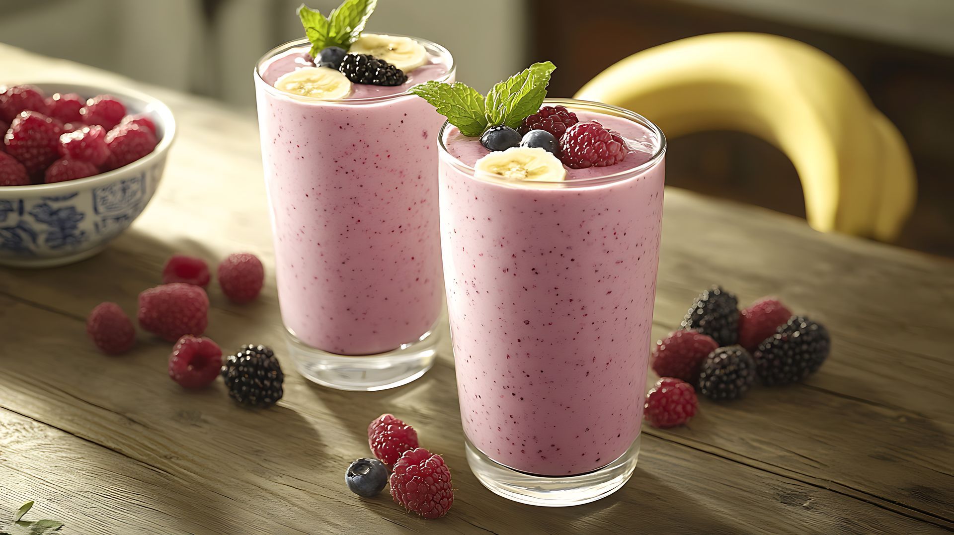 Two smoothies with raspberries , blackberries , bananas and mint on a wooden table.