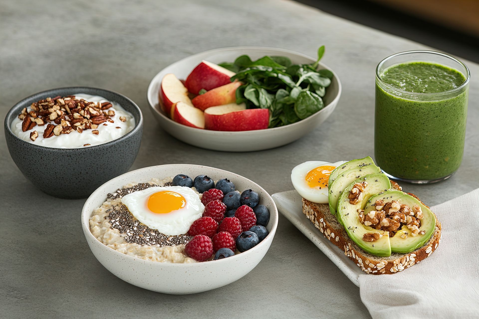 A table topped with bowls of food and a green smoothie.