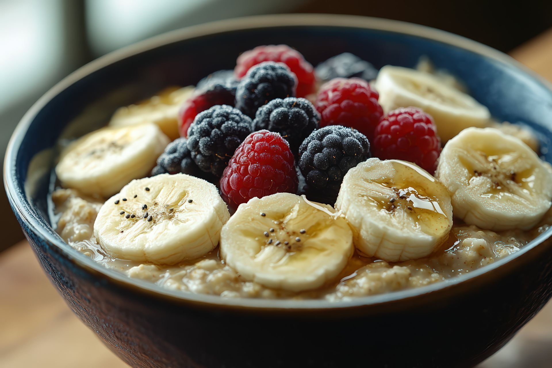 A bowl of oatmeal with bananas and raspberries on top.