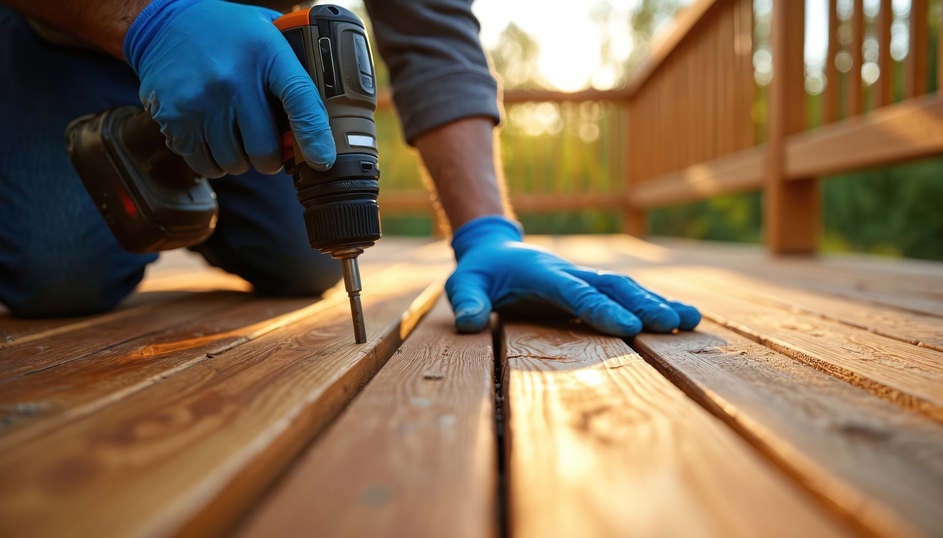 Gloved hands using a power drill to fasten wooden deck boards outdoors.
