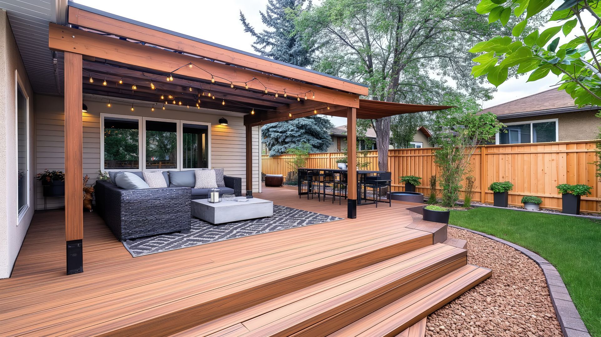 Backyard wooden deck with pergola, string lights, outdoor seating, and landscaped yard.