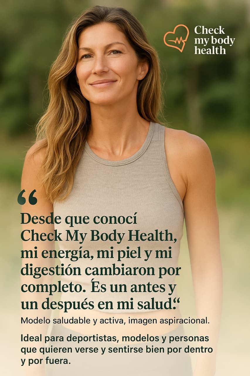 Mujer en camiseta sin mangas, sonriendo, texto sobre salud y bienestar.