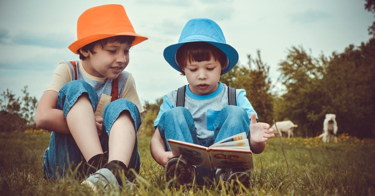 Two young boys are sitting in the grass reading a book.