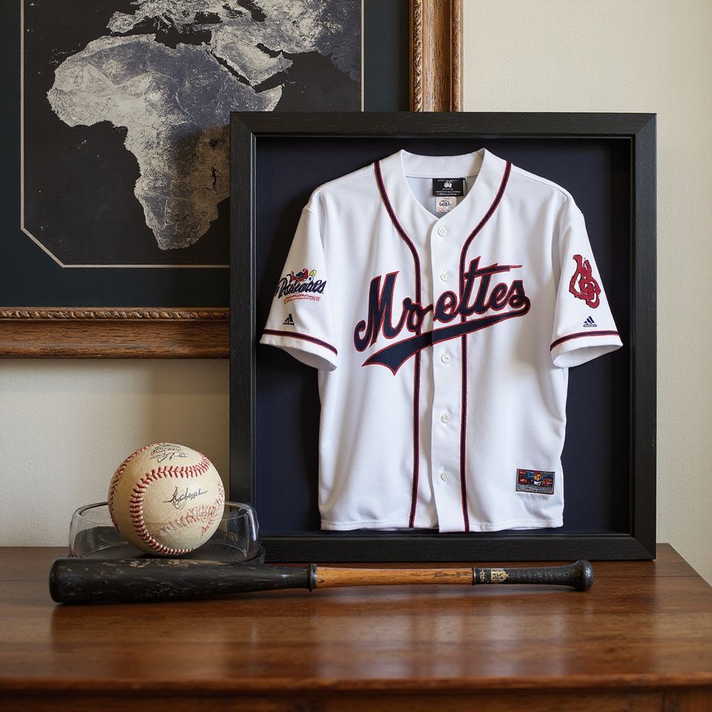 Framed white baseball jersey with red trim on a shelf, with a baseball and bat in front