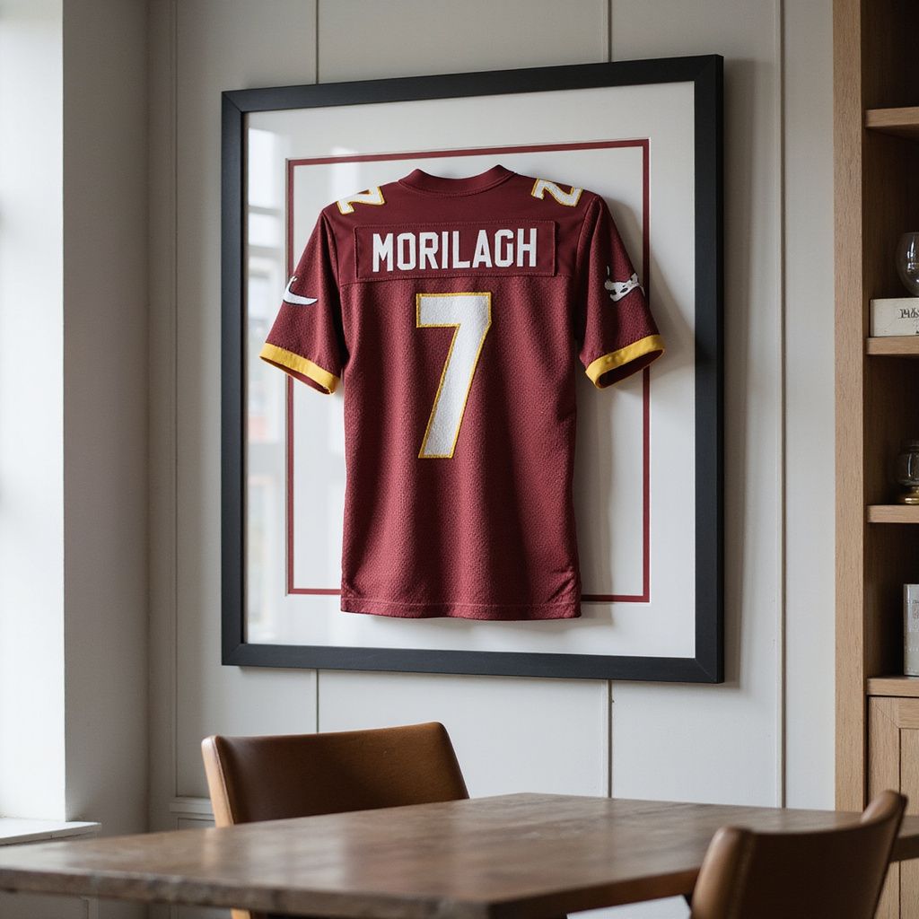 Framed maroon sports jersey with number 7 and “MORILAGH” displayed on a wall above a dining table