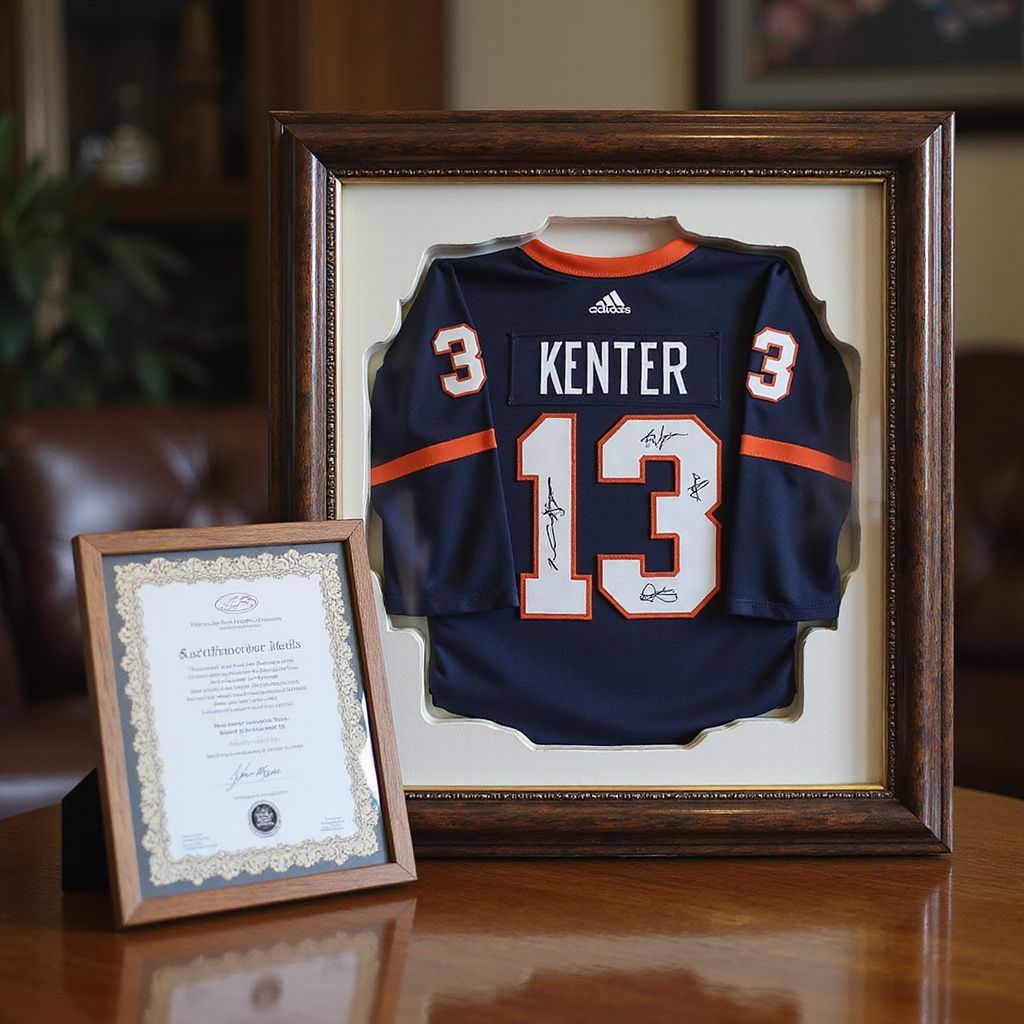 Framed navy football jersey reading Kenter 13 beside a framed certificate on a table