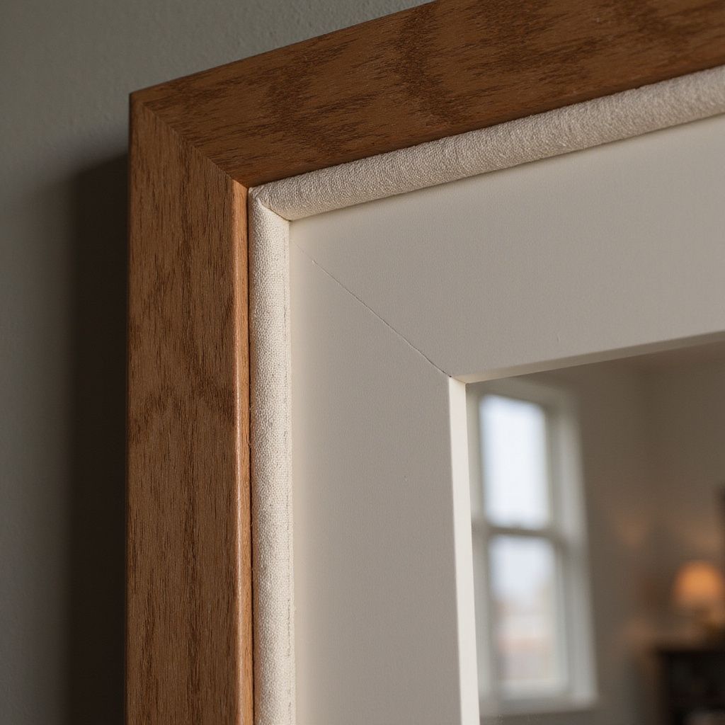 Wooden-framed mirror reflecting a bright window in a softly lit room
