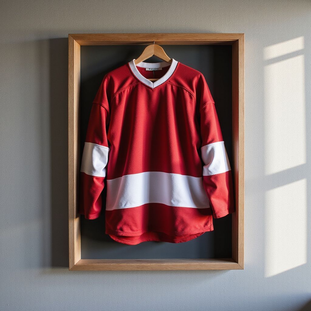 Red hockey jersey with white stripes hanging in a wooden frame on a wall