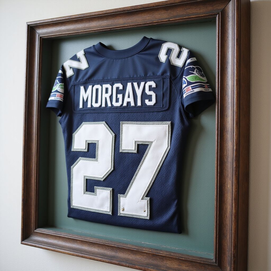 Framed navy football jersey with white number 27 and name Morgays displayed on a green background