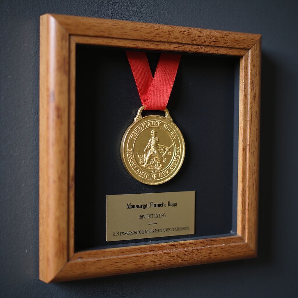 Framed gold medal with red ribbon on a black background, displayed in a shadow box