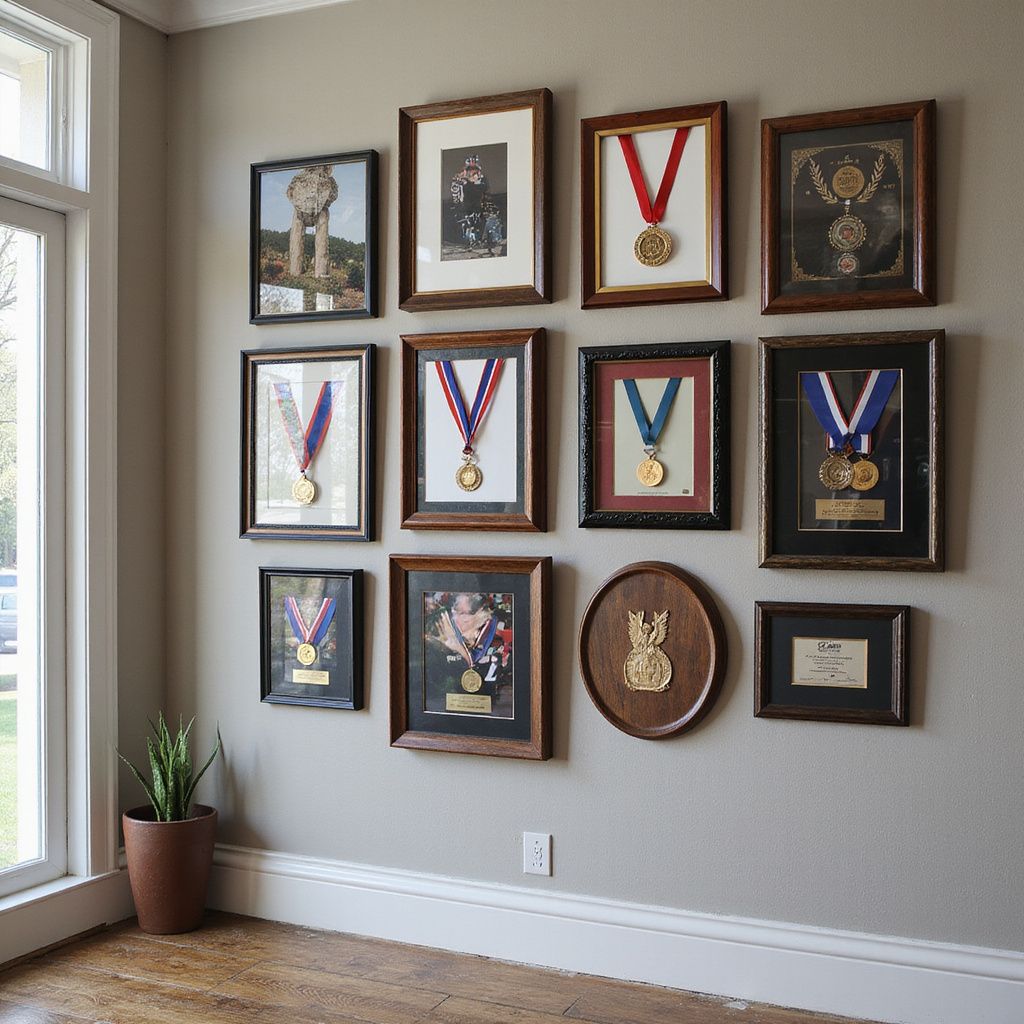 Framed medals and awards displayed on a wall above a hardwood floor near a window and potted plant