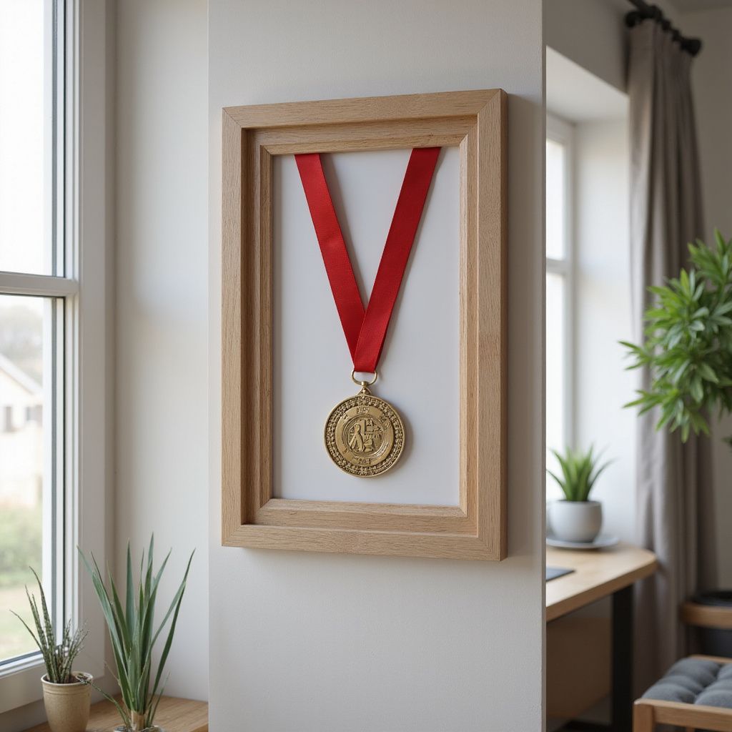 Framed gold medal with red ribbon hanging on a wall in a bright room