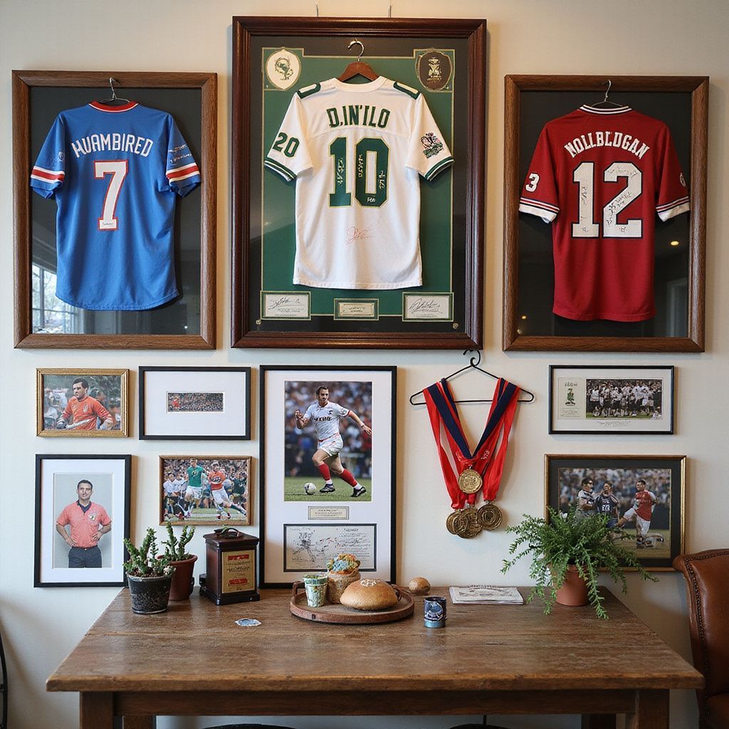 Framed sports jerseys and memorabilia displayed above a wooden table in a home room.