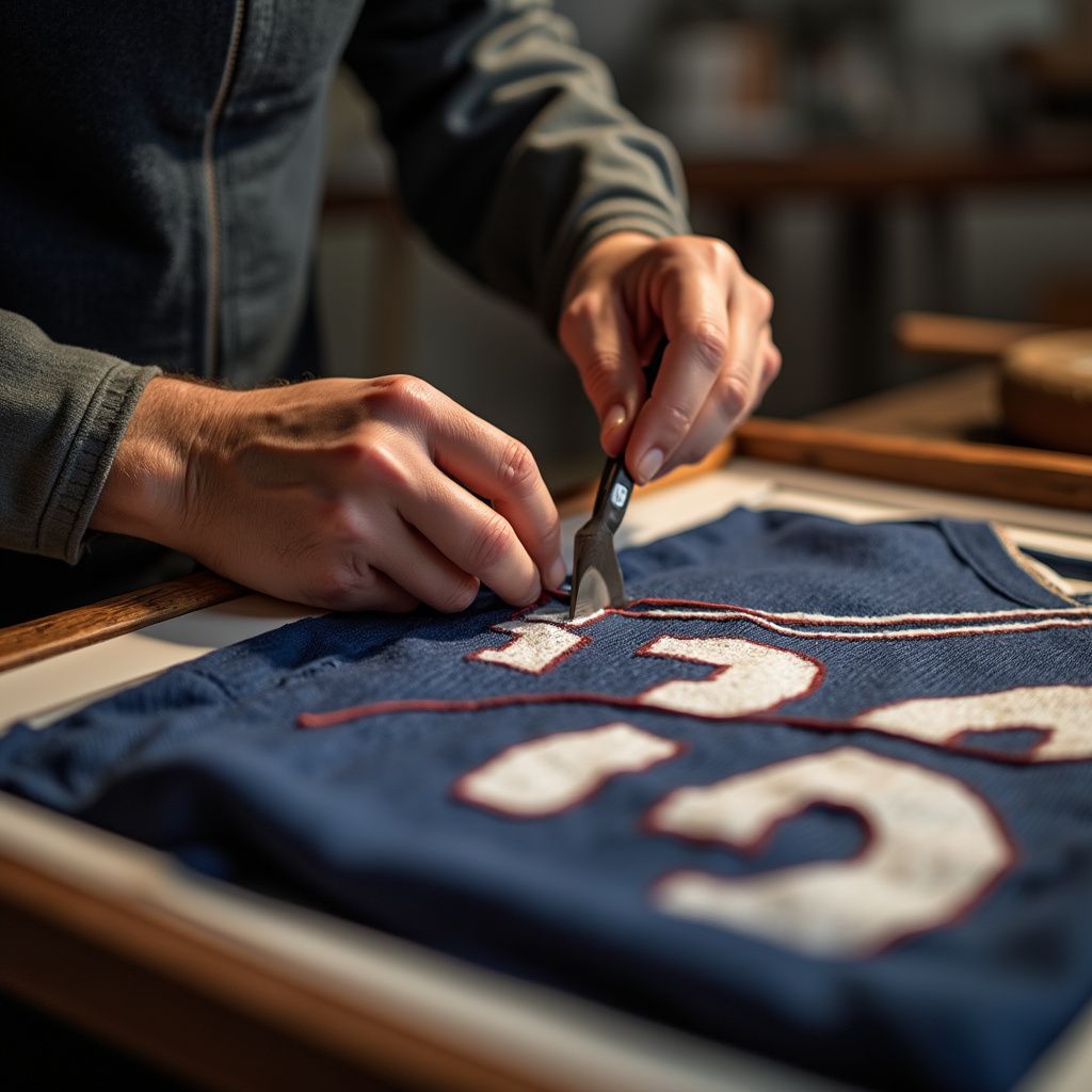 Hands sewing a blue jersey with white numbers on a wooden table