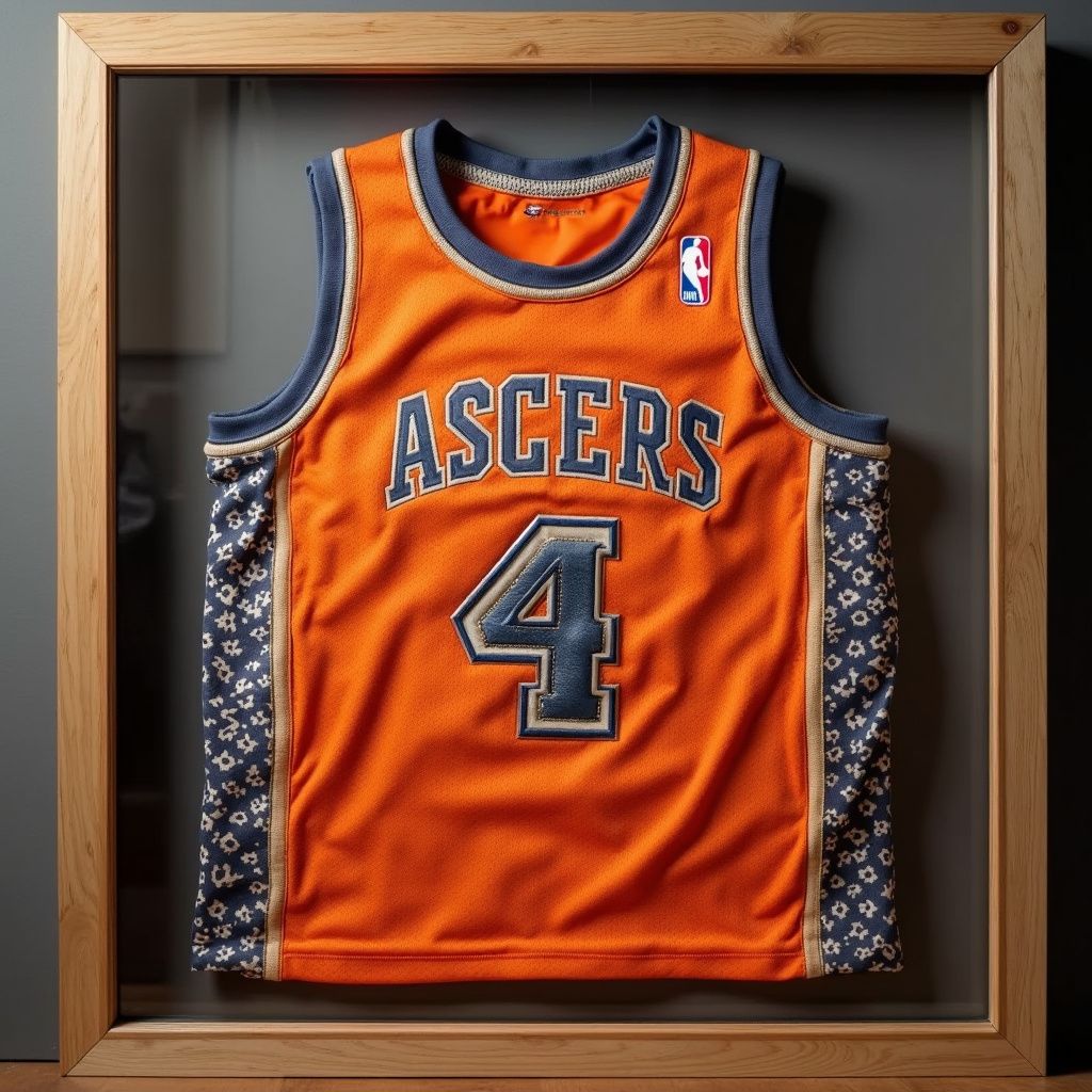 Framed orange “Asters” basketball jersey with number 4 on display