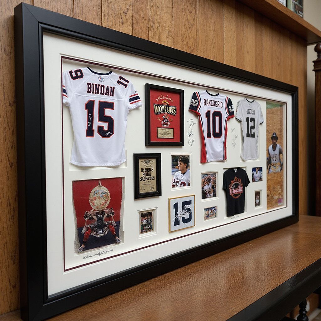 Framed sports memorabilia display with jersey patches, photos, and a trophy on a shelf