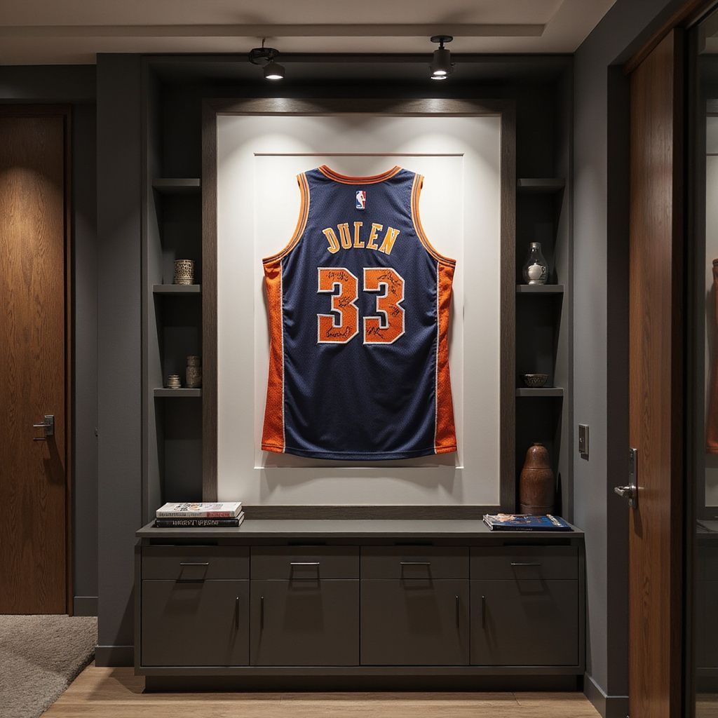 Framed navy basketball jersey with orange trim and number 33 displayed in a dark wood cabinet