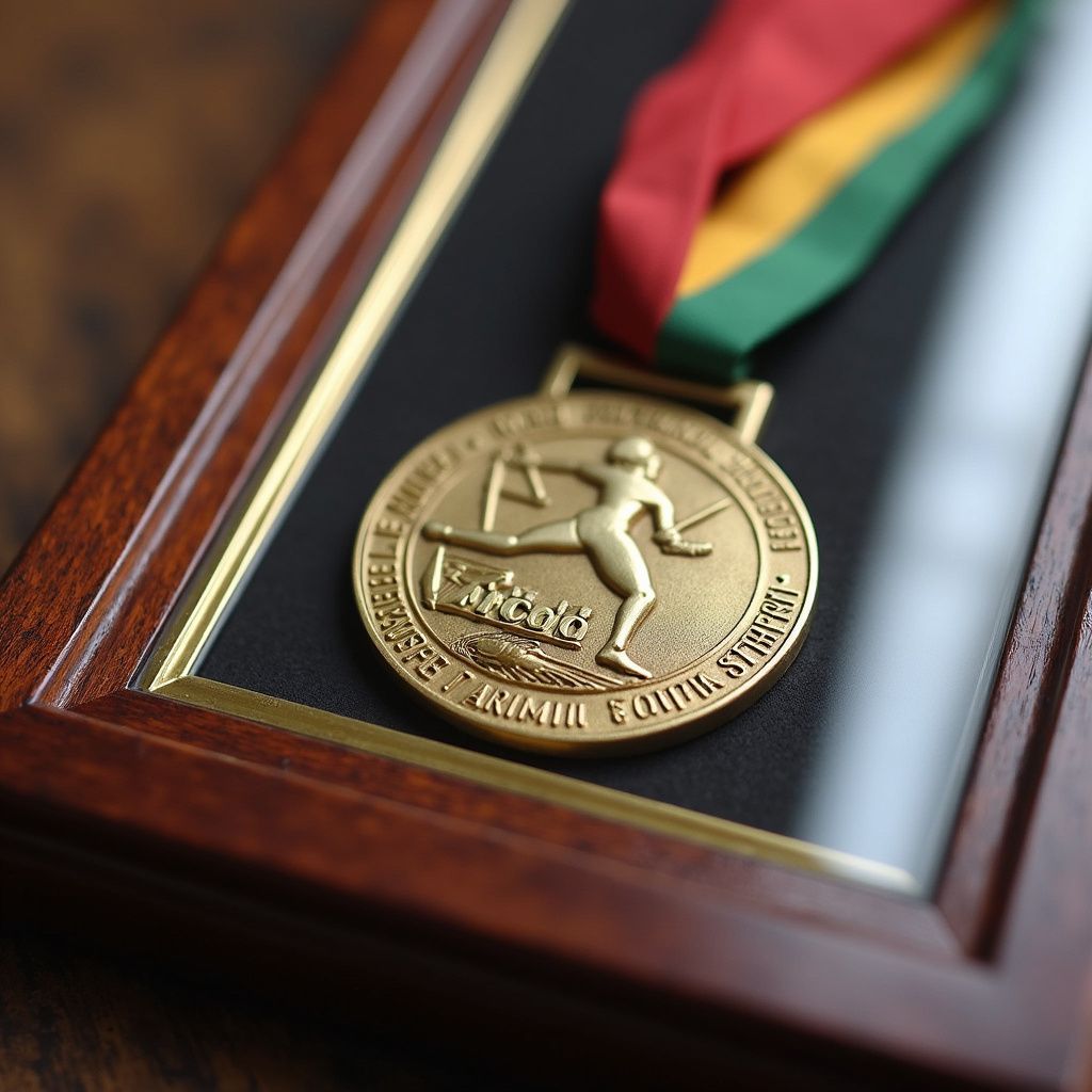 Gold sports medal in a wooden display case with red, green, and yellow ribbon